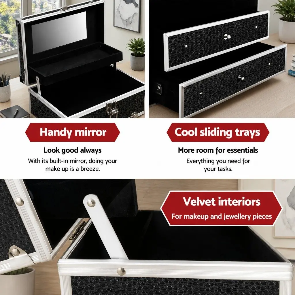 Cosmetic Storage Case Crocodile Black Portable Makeup Carry Case with Mirror