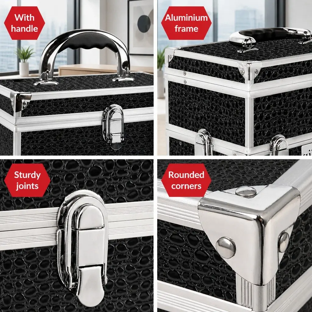 Cosmetic Storage Case Crocodile Black Portable Makeup Carry Case with Mirror