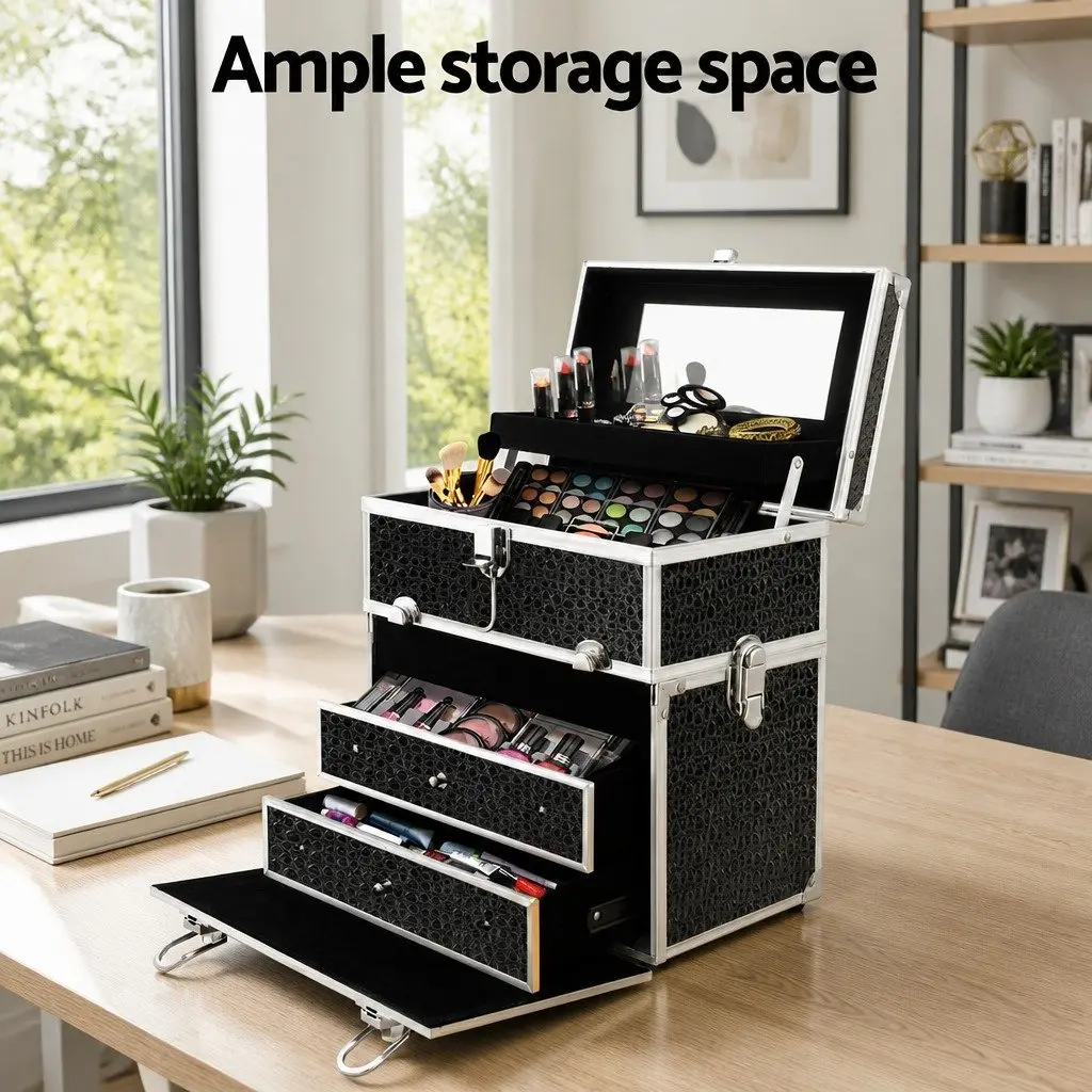 Cosmetic Storage Case Crocodile Black Portable Makeup Carry Case with Mirror