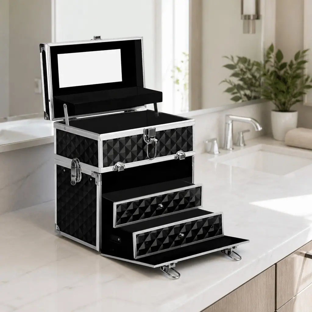 Cosmetic Makeup Case Diamond Black Portable Lightweight with Mirror and Multiple Compartments