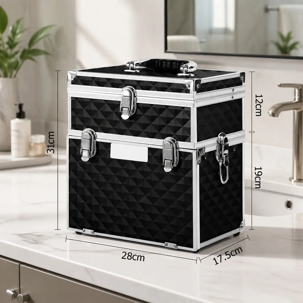 Cosmetic Makeup Case Diamond Black Portable Lightweight with Mirror and Multiple Compartments