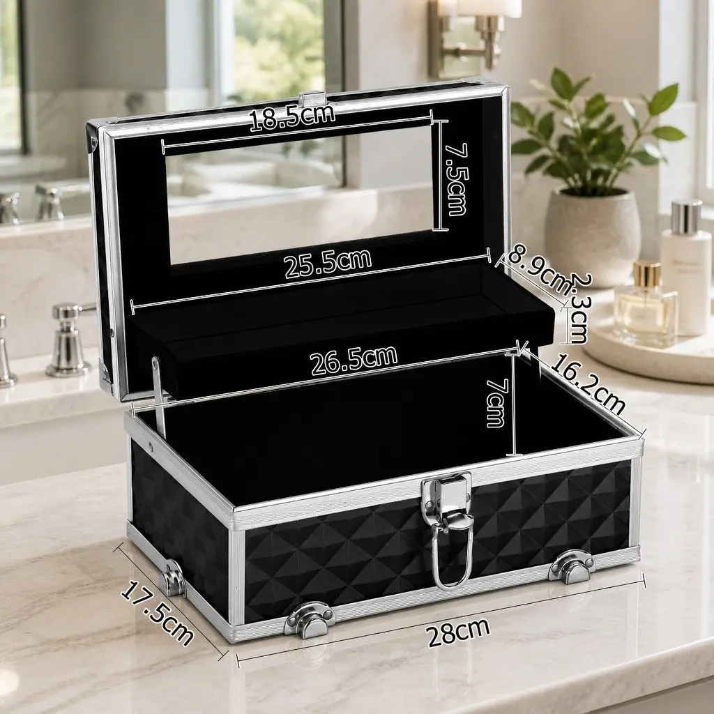 Cosmetic Makeup Case Diamond Black Portable Lightweight with Mirror and Multiple Compartments