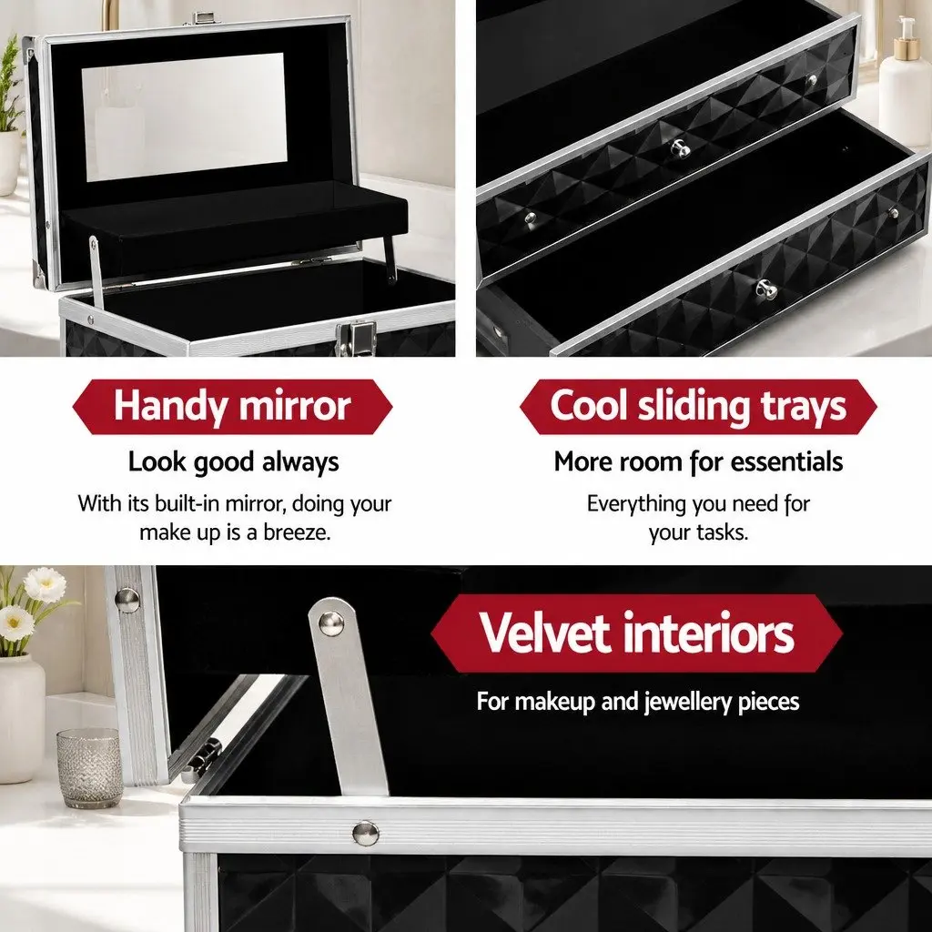 Cosmetic Makeup Case Diamond Black Portable Lightweight with Mirror and Multiple Compartments