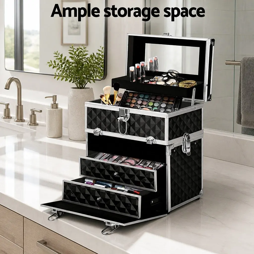 Cosmetic Makeup Case Diamond Black Portable Lightweight with Mirror and Multiple Compartments