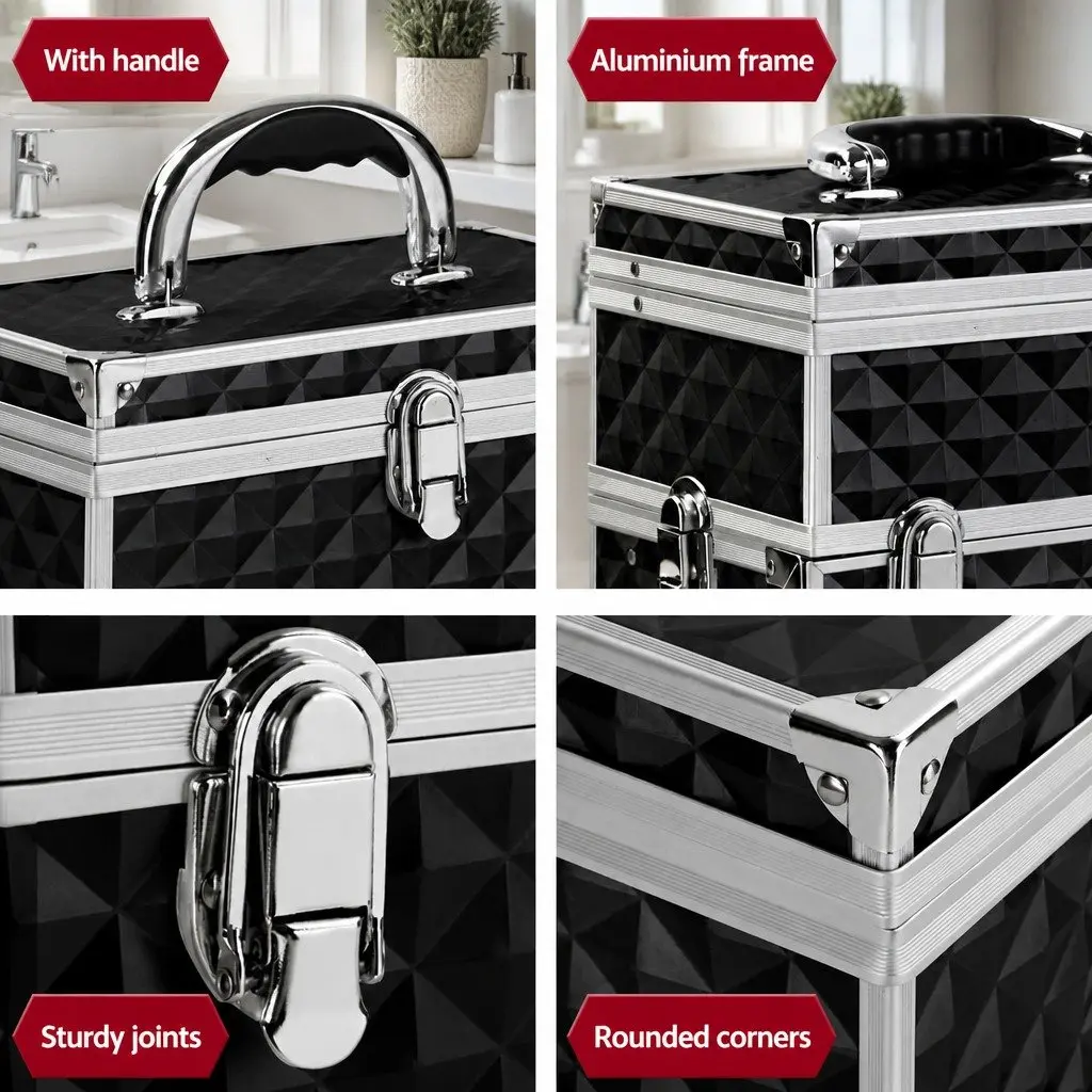 Cosmetic Makeup Case Diamond Black Portable Lightweight with Mirror and Multiple Compartments