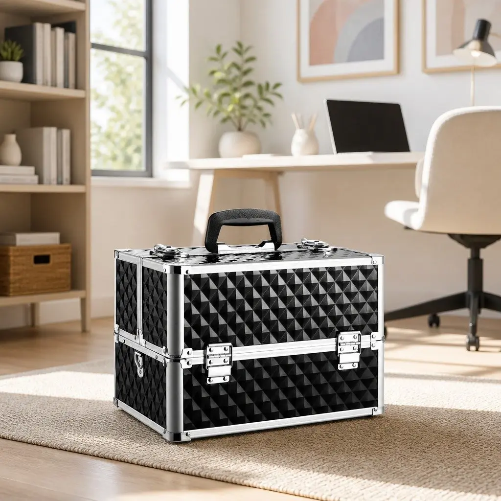 Cosmetic Storage Case Diamond Black Portable Adjustable Dividers Lightweight