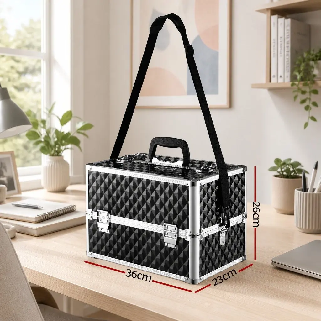 Cosmetic Storage Case Diamond Black Portable Adjustable Dividers Lightweight