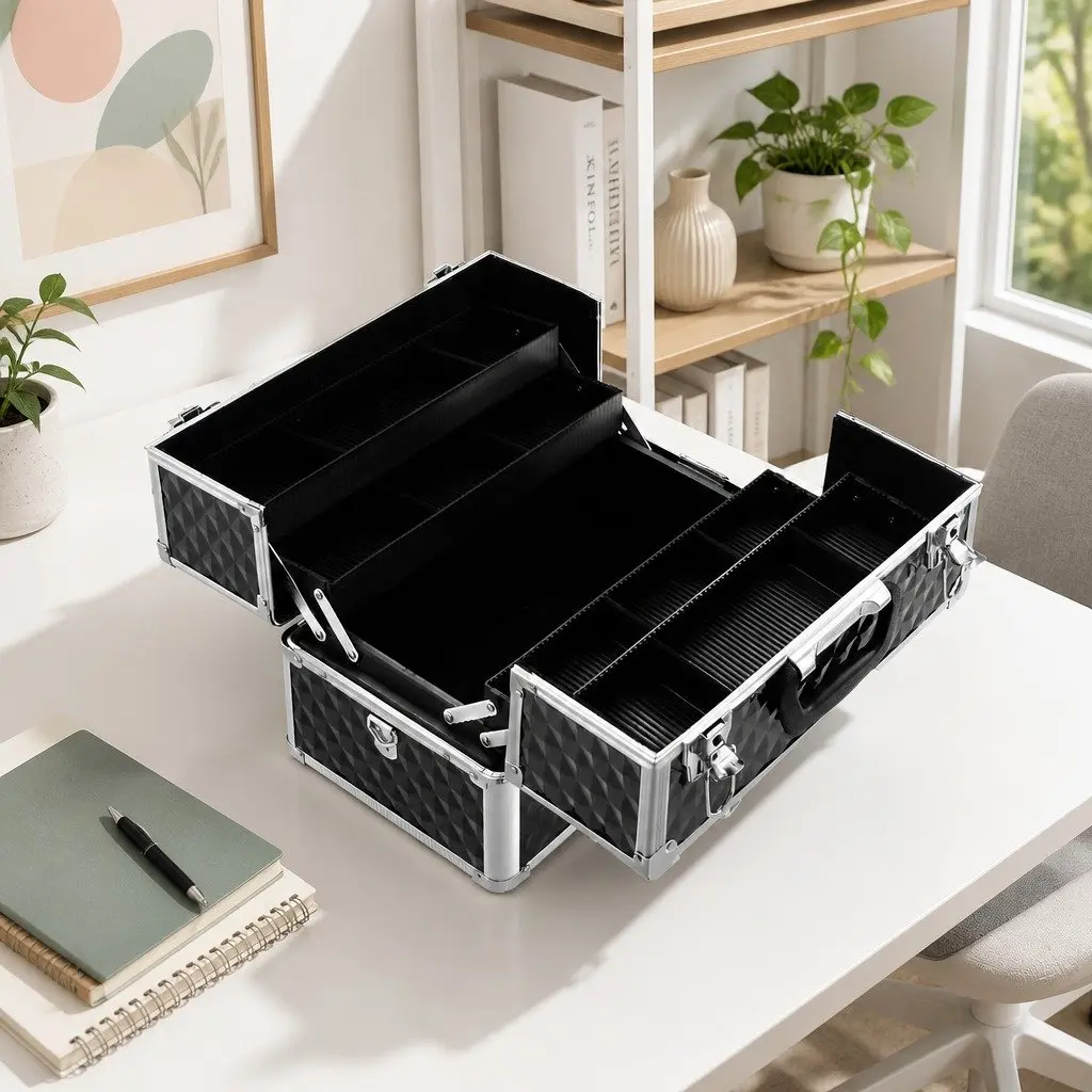 Cosmetic Storage Case Diamond Black Portable Adjustable Dividers Lightweight