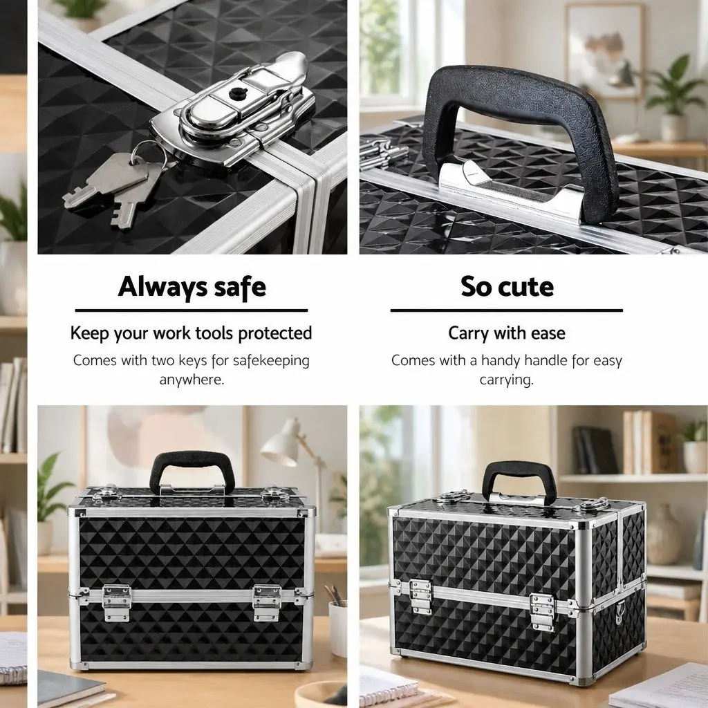 Cosmetic Storage Case Diamond Black Portable Adjustable Dividers Lightweight