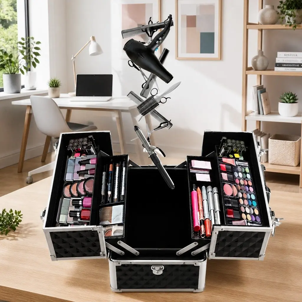 Cosmetic Storage Case Diamond Black Portable Adjustable Dividers Lightweight