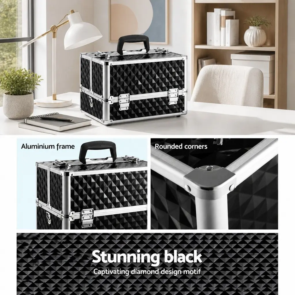 Cosmetic Storage Case Diamond Black Portable Adjustable Dividers Lightweight