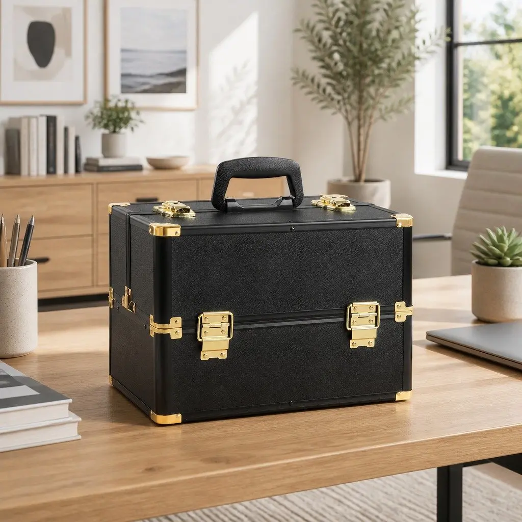 Cosmetic Storage Case Black Gold Portable Professional with Locking Mechanism and Compartments