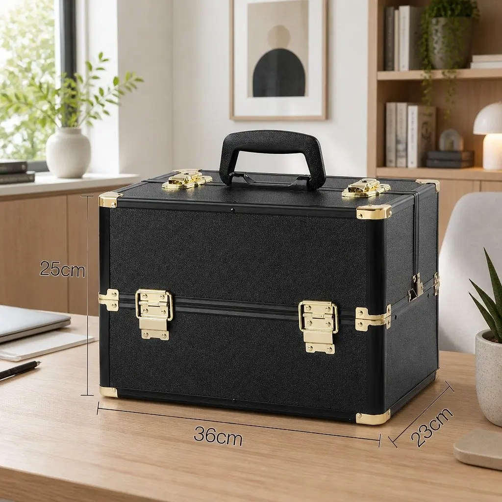 Cosmetic Storage Case Black Gold Portable Professional with Locking Mechanism and Compartments