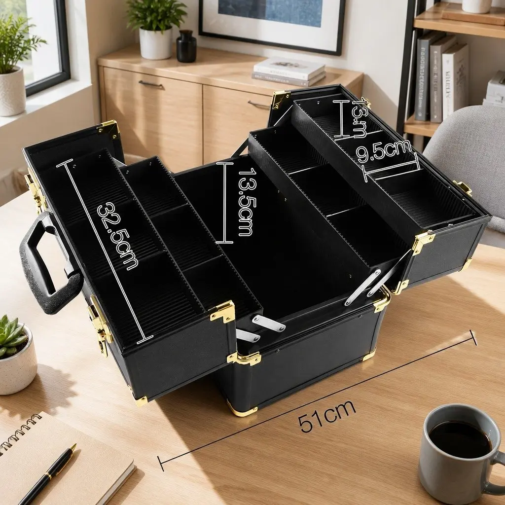 Cosmetic Storage Case Black Gold Portable Professional with Locking Mechanism and Compartments