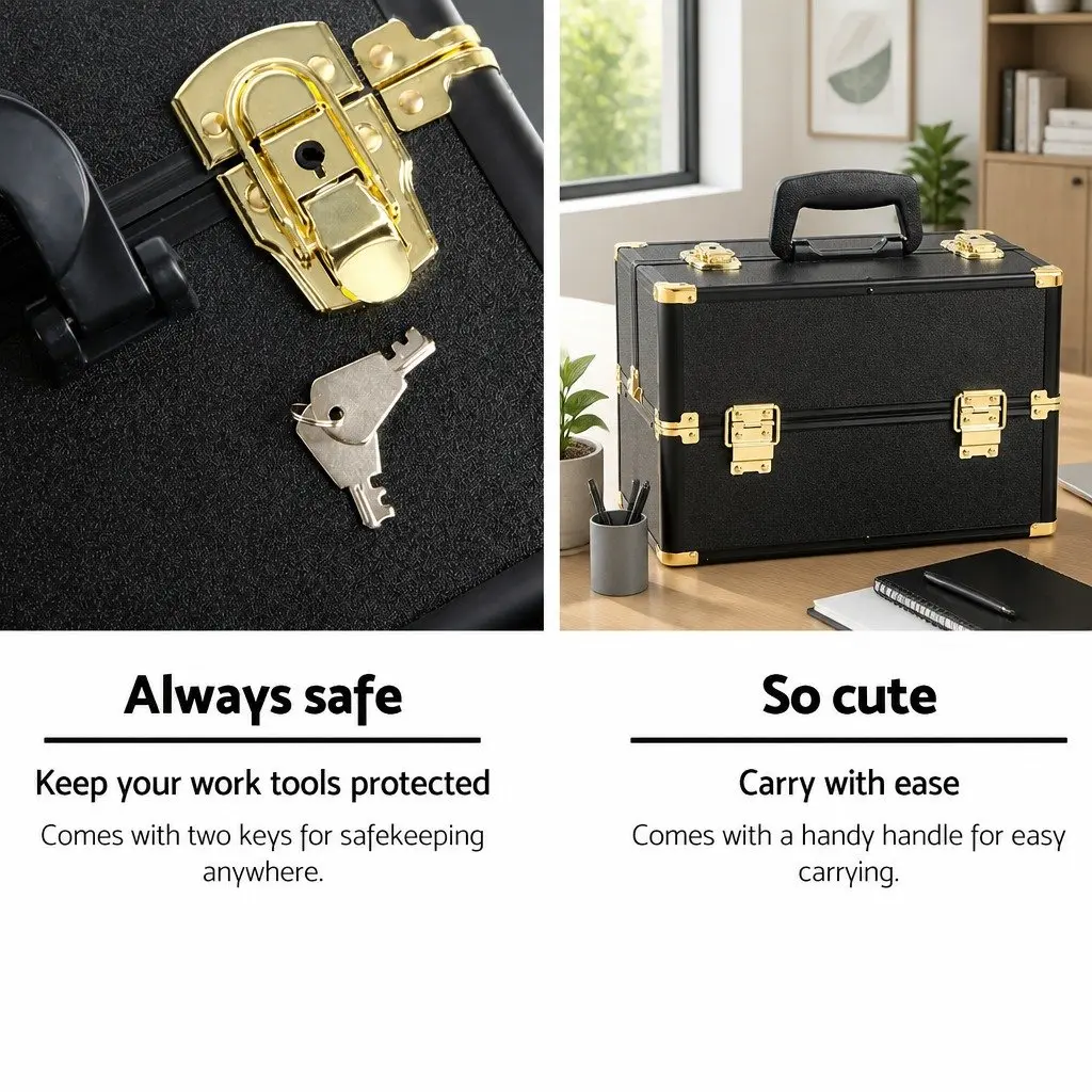 Cosmetic Storage Case Black Gold Portable Professional with Locking Mechanism and Compartments