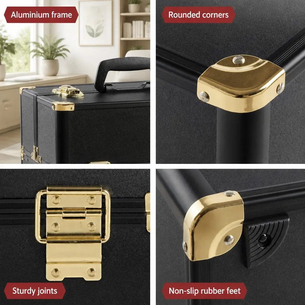 Cosmetic Storage Case Black Gold Portable Professional with Locking Mechanism and Compartments
