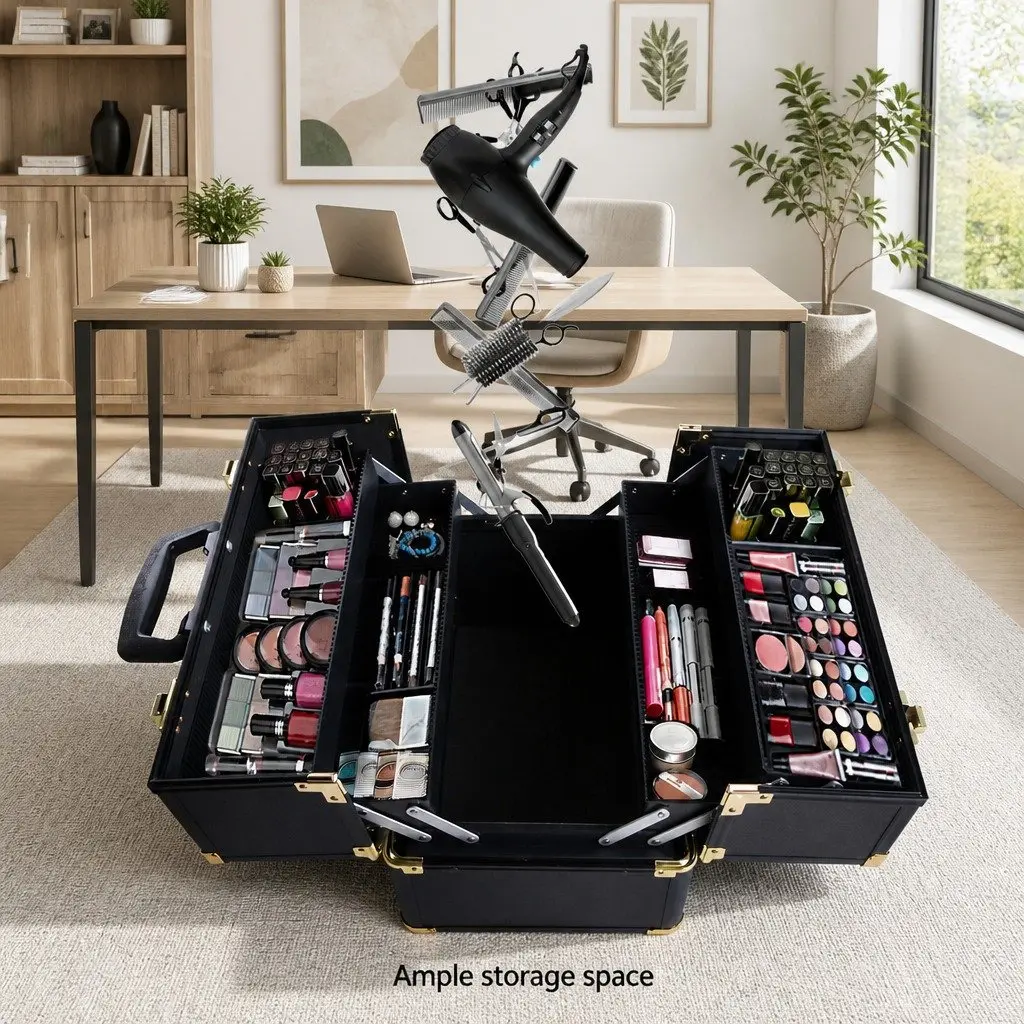 Cosmetic Storage Case Black Gold Portable Professional with Locking Mechanism and Compartments