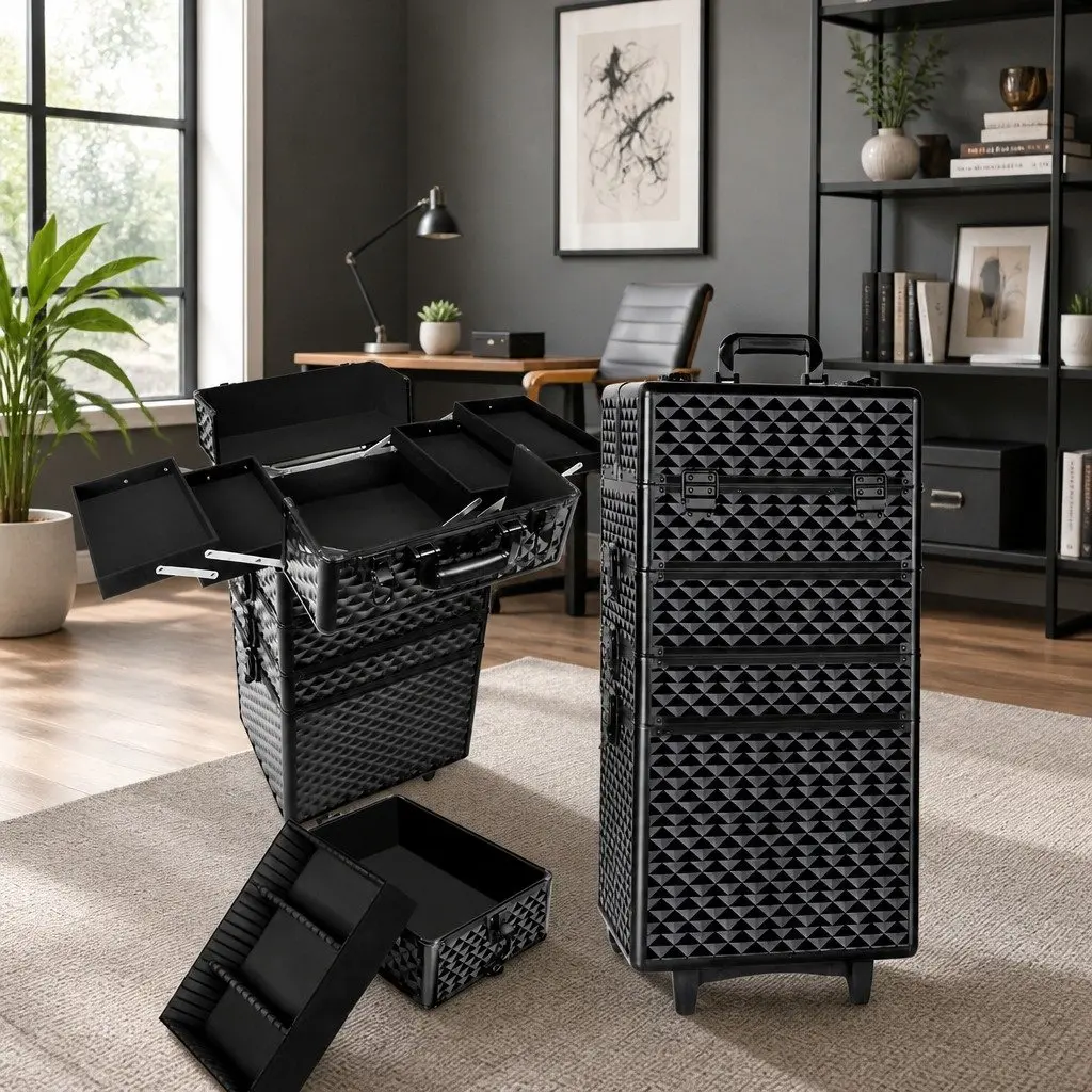 Makeup Trolley Case Diamond Black 4 Layers Portable Aluminium Frame Travel Wheels Velvet Lining