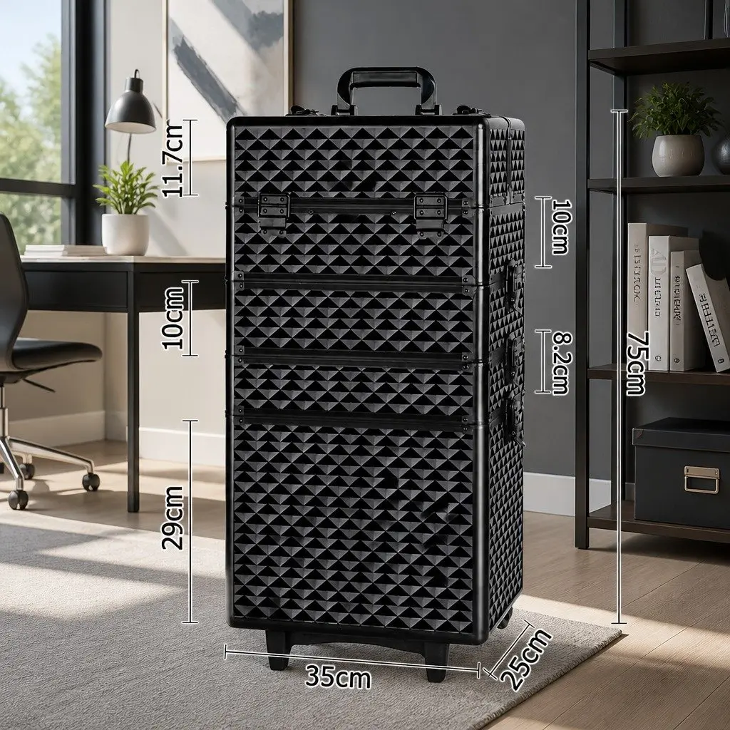 Makeup Trolley Case Diamond Black 4 Layers Portable Aluminium Frame Travel Wheels Velvet Lining