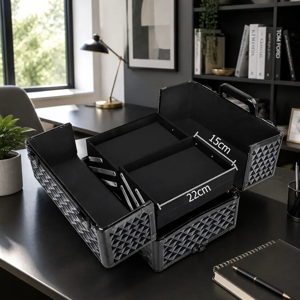 Makeup Trolley Case Diamond Black 4 Layers Portable Aluminium Frame Travel Wheels Velvet Lining