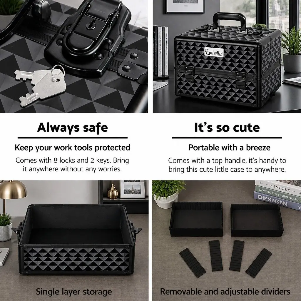 Makeup Trolley Case Diamond Black 4 Layers Portable Aluminium Frame Travel Wheels Velvet Lining