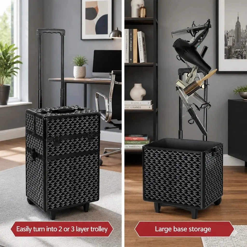Makeup Trolley Case Diamond Black 4 Layers Portable Aluminium Frame Travel Wheels Velvet Lining