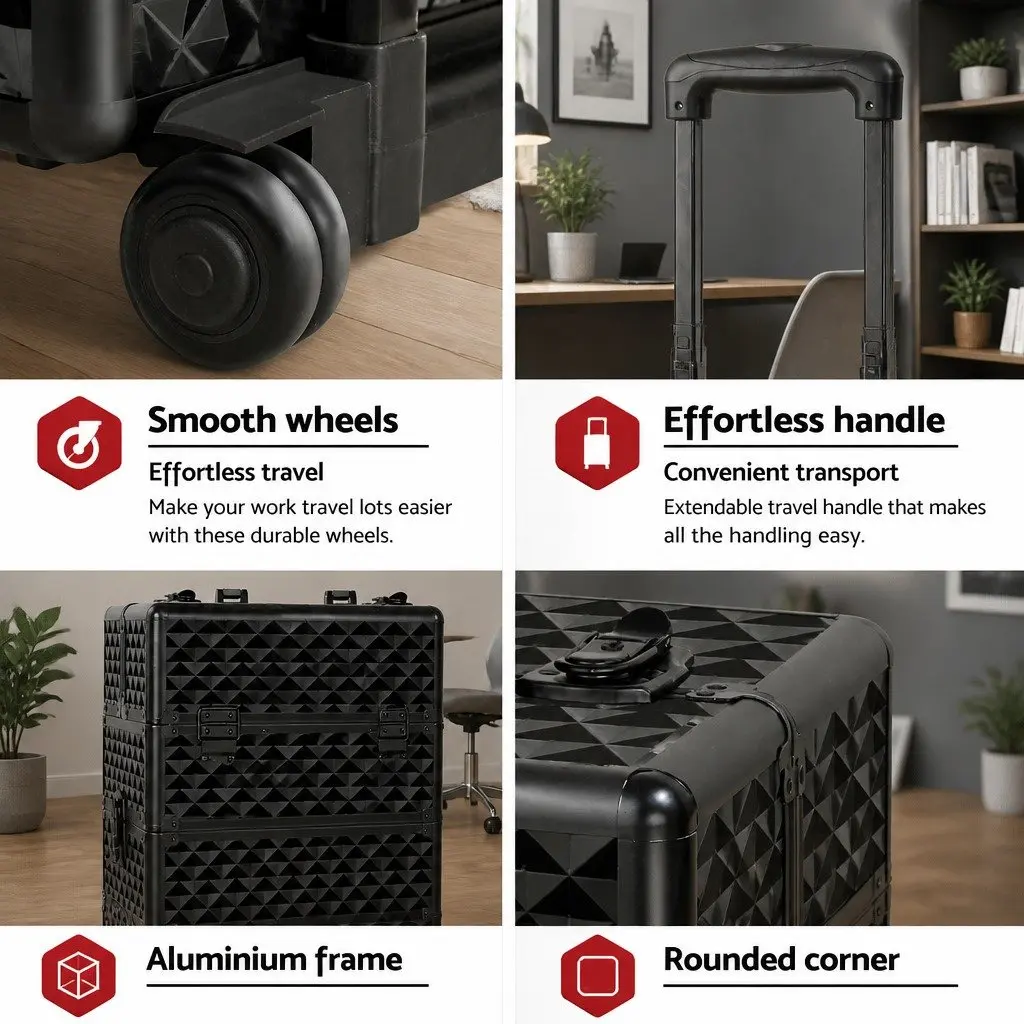 Makeup Trolley Case Diamond Black 4 Layers Portable Aluminium Frame Travel Wheels Velvet Lining
