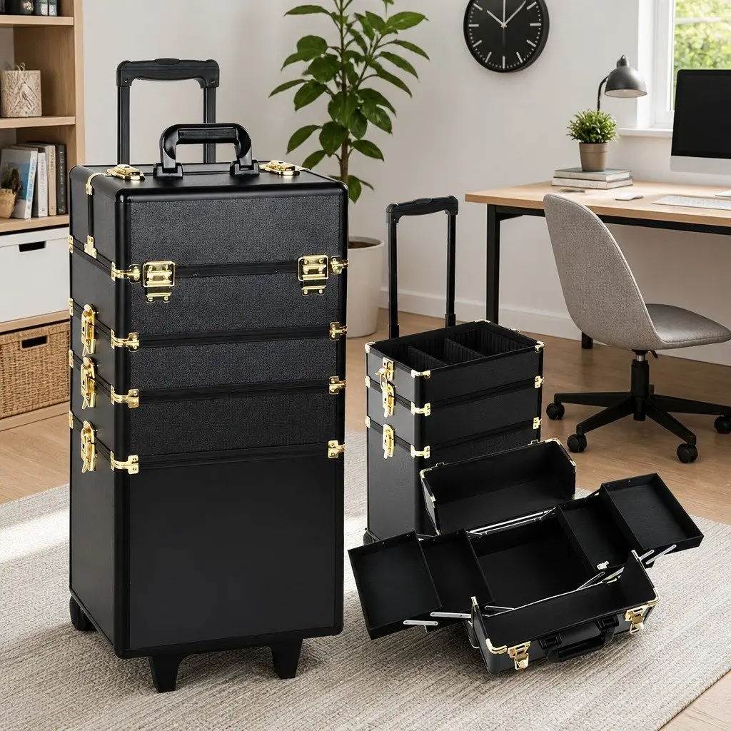 Makeup Case Beauty Trolley Cosmetic Organiser Box Travel Wheels Gold Black