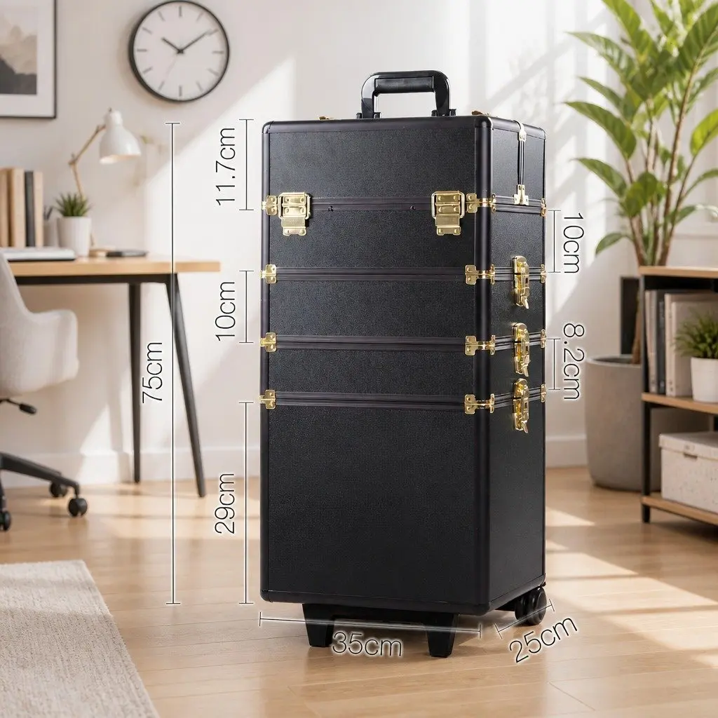 Makeup Case Beauty Trolley Cosmetic Organiser Box Travel Wheels Gold Black
