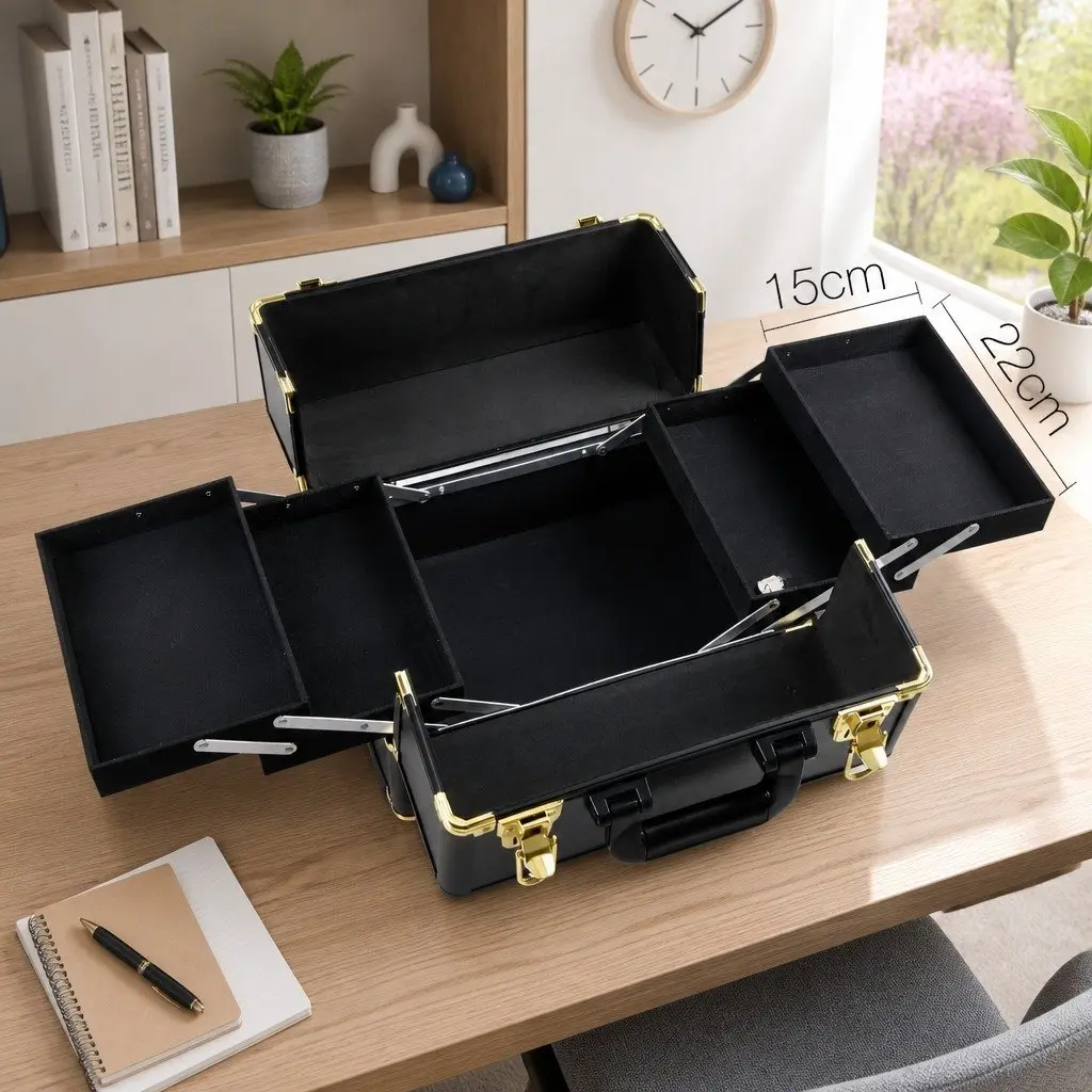 Makeup Case Beauty Trolley Cosmetic Organiser Box Travel Wheels Gold Black