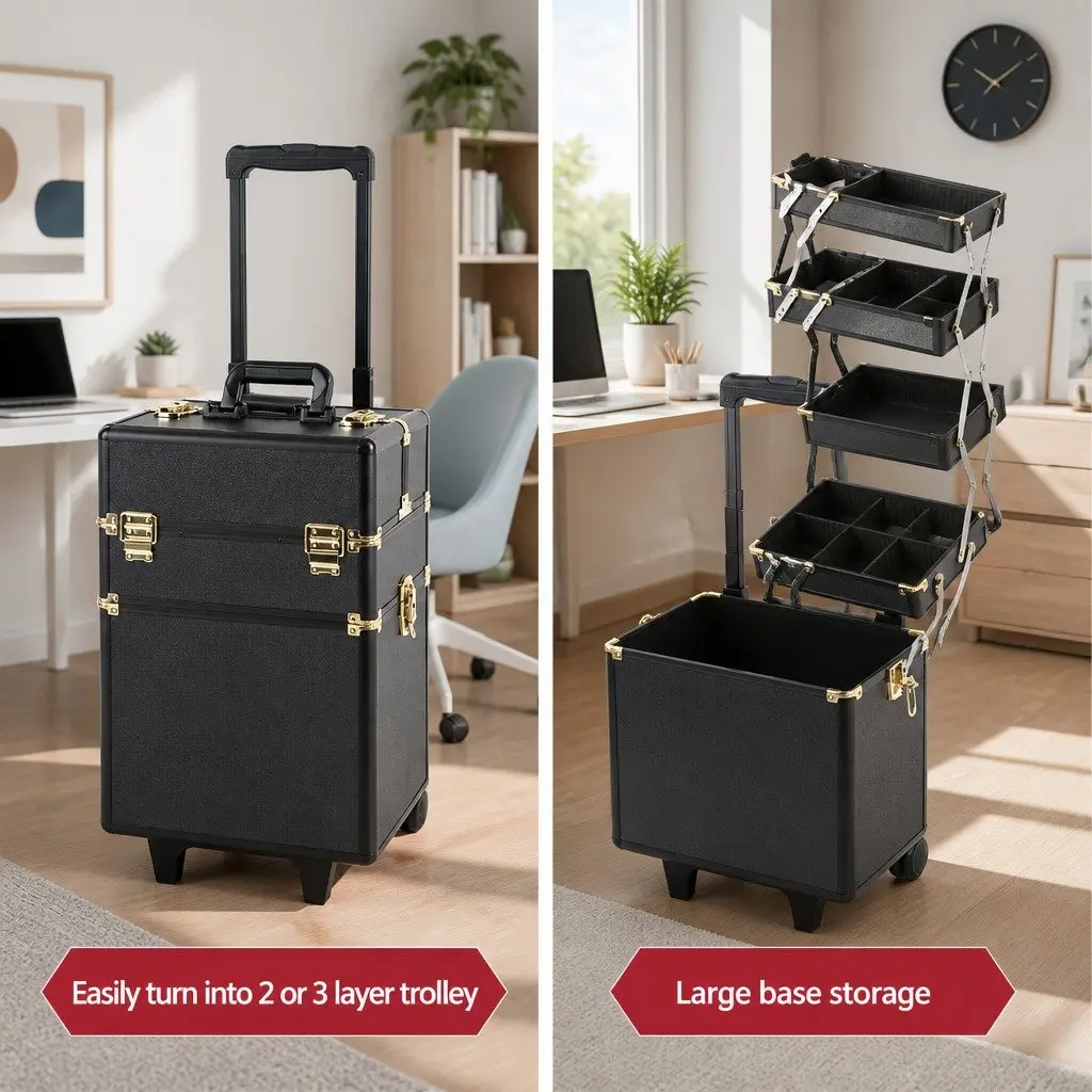 Makeup Case Beauty Trolley Cosmetic Organiser Box Travel Wheels Gold Black