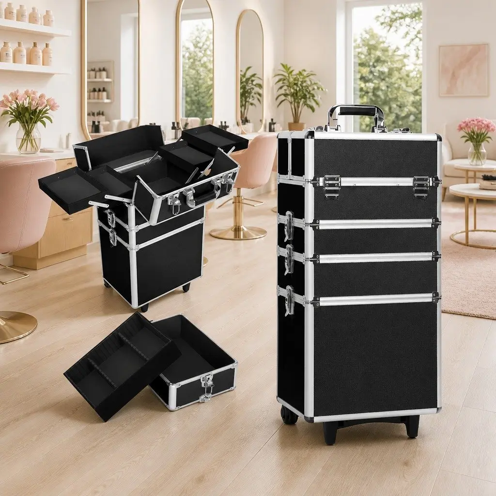 Makeup Trolley Case Black Portable 7 in 1 Aluminium Frame Organiser with Wheels