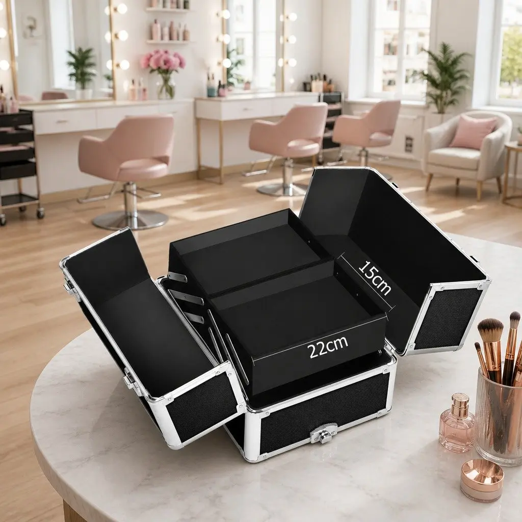 Makeup Trolley Case Black Portable 7 in 1 Aluminium Frame Organiser with Wheels