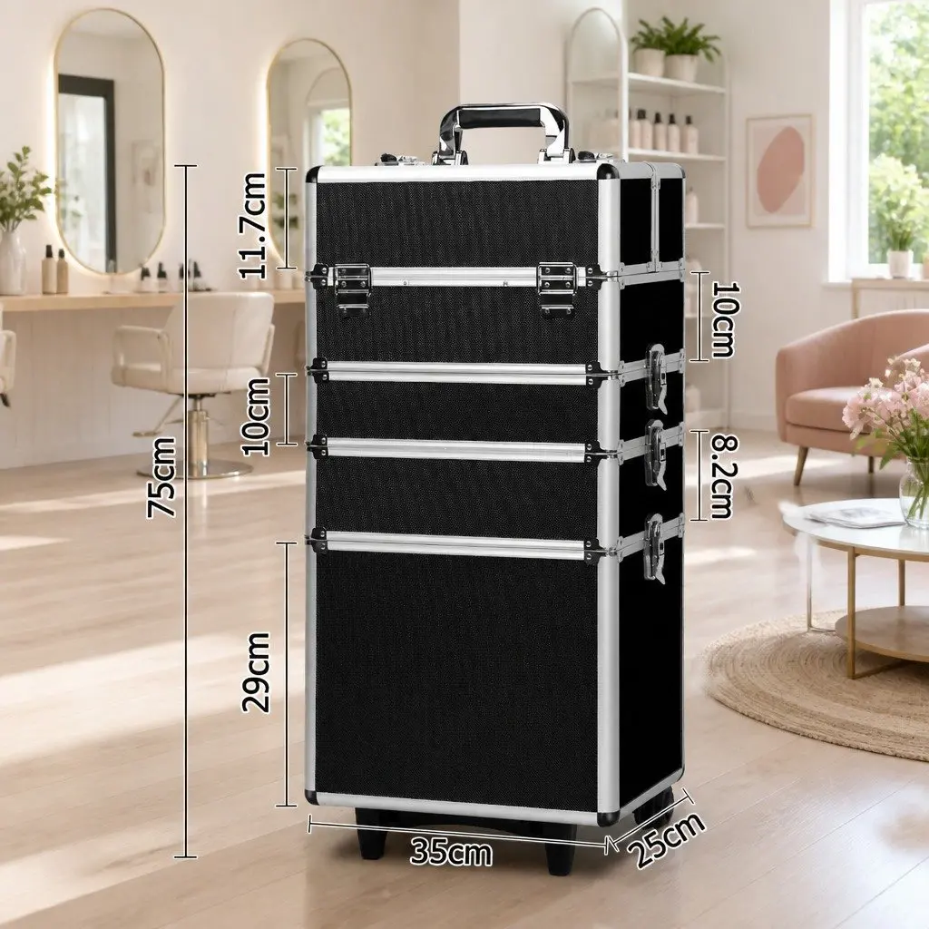 Makeup Trolley Case Black Portable 7 in 1 Aluminium Frame Organiser with Wheels