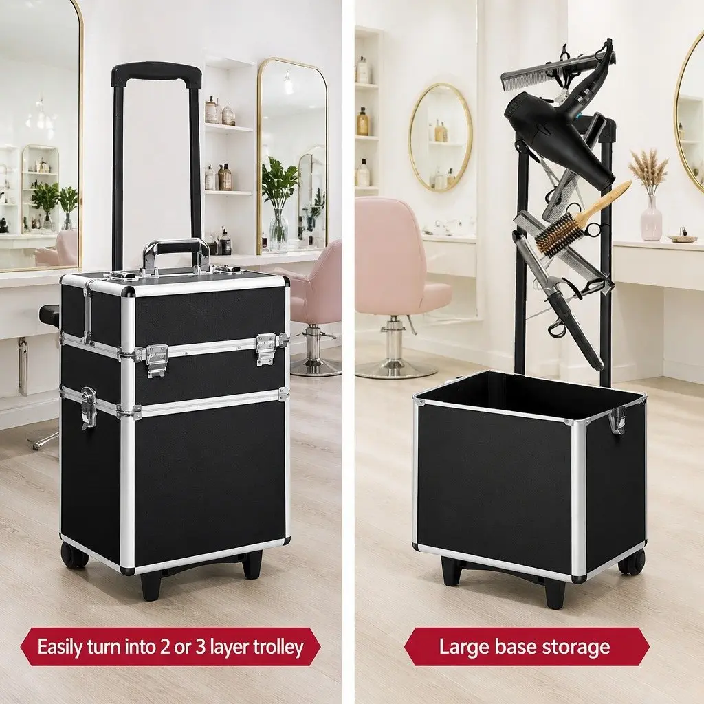 Makeup Trolley Case Black Portable 7 in 1 Aluminium Frame Organiser with Wheels