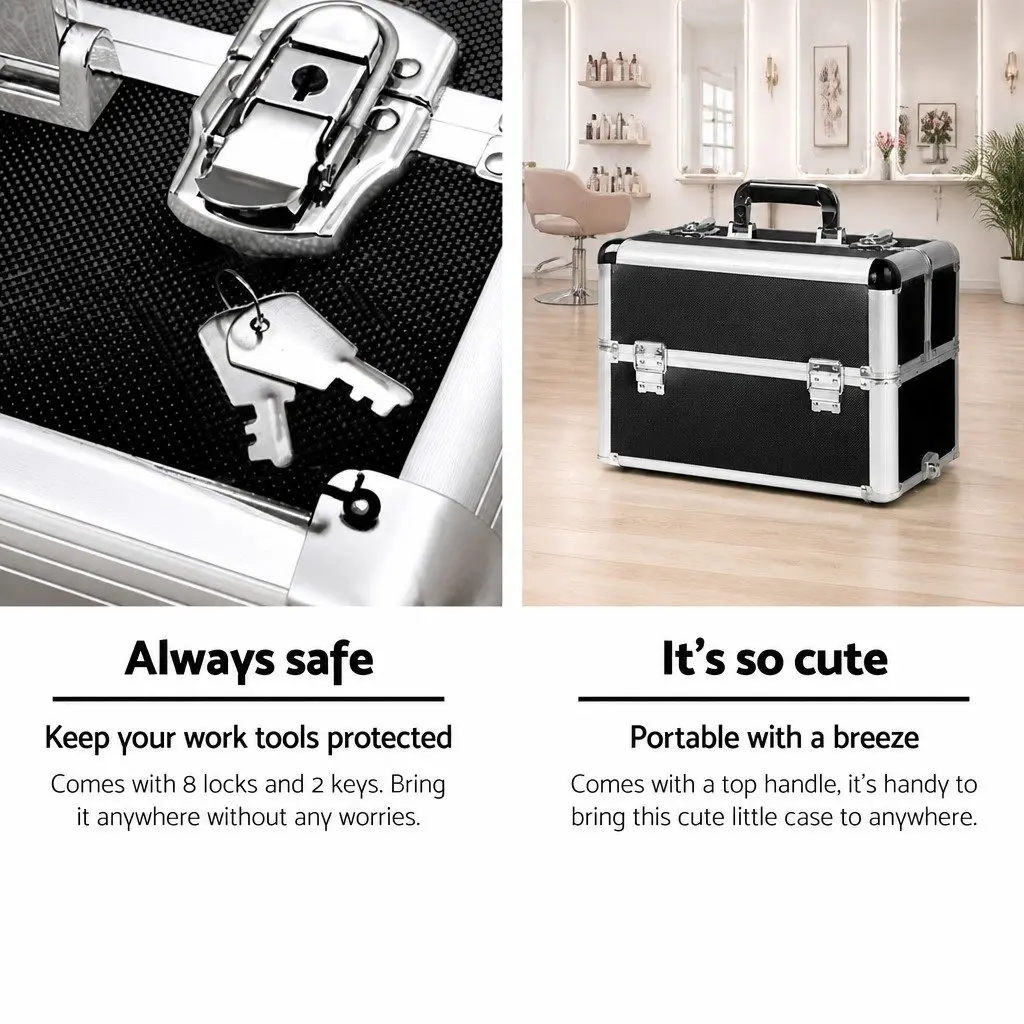 Makeup Trolley Case Black Portable 7 in 1 Aluminium Frame Organiser with Wheels