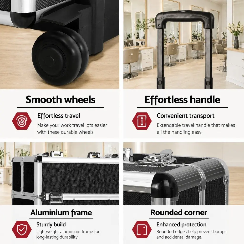 Makeup Trolley Case Black Portable 7 in 1 Aluminium Frame Organiser with Wheels