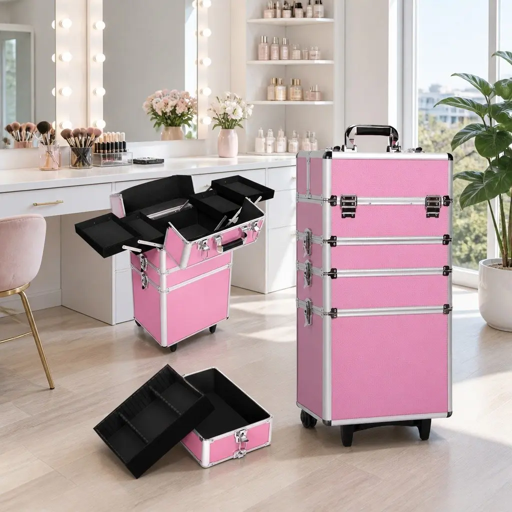 Makeup Trolley Pink 7-in-1 Portable Cosmetic Organiser with Wheels and Multiple Compartments