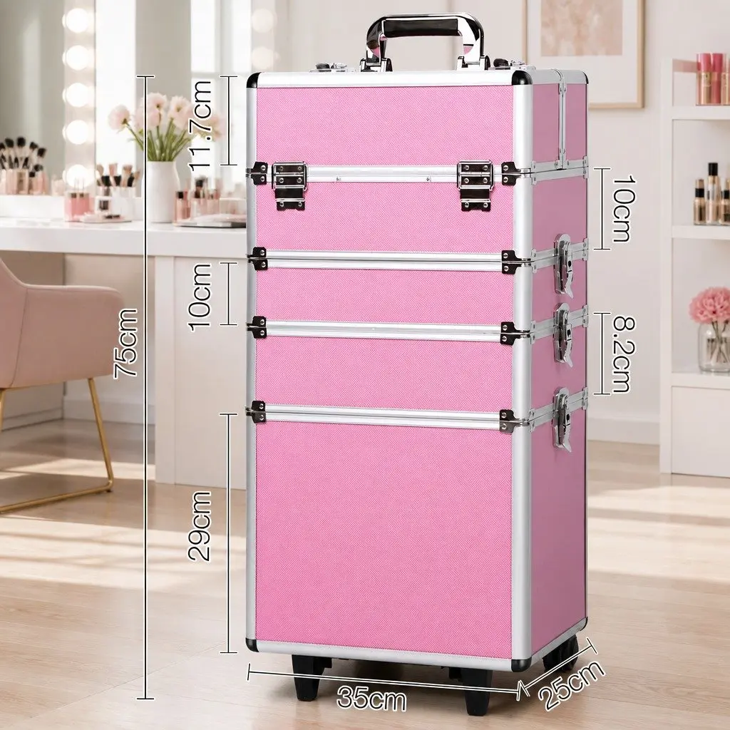 Makeup Trolley Pink 7-in-1 Portable Cosmetic Organiser with Wheels and Multiple Compartments