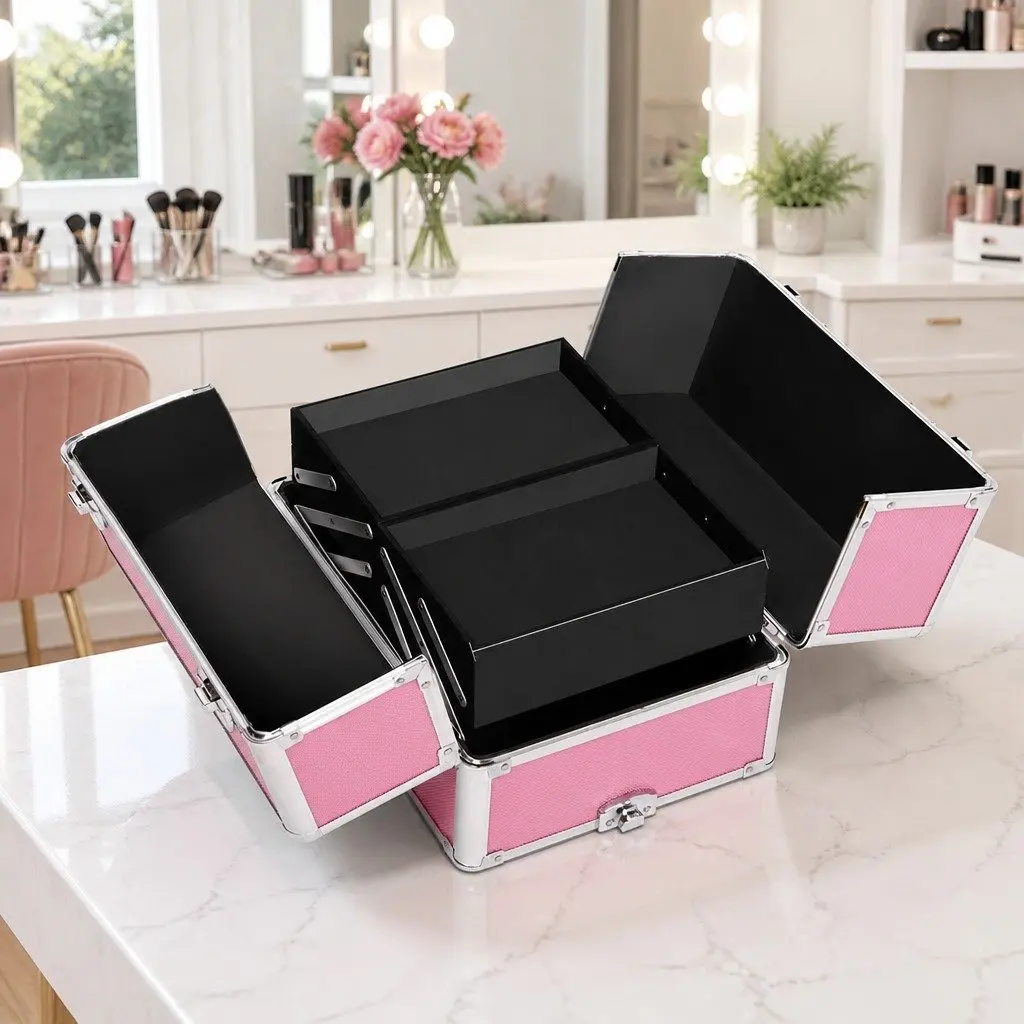 Makeup Trolley Pink 7-in-1 Portable Cosmetic Organiser with Wheels and Multiple Compartments