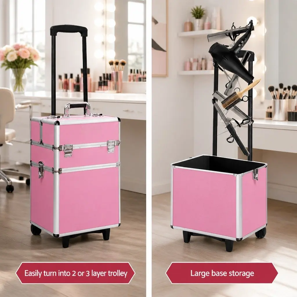 Makeup Trolley Pink 7-in-1 Portable Cosmetic Organiser with Wheels and Multiple Compartments