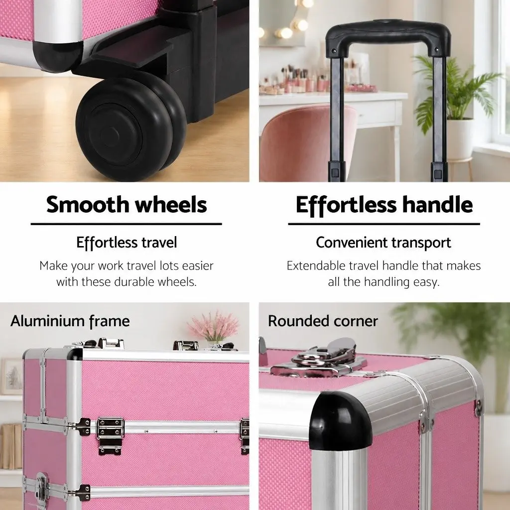 Makeup Trolley Pink 7-in-1 Portable Cosmetic Organiser with Wheels and Multiple Compartments