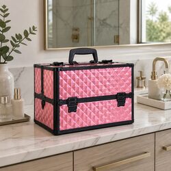 Portable Cosmetic Beauty Makeup Case Diamond Pink Lockable with Shoulder Strap