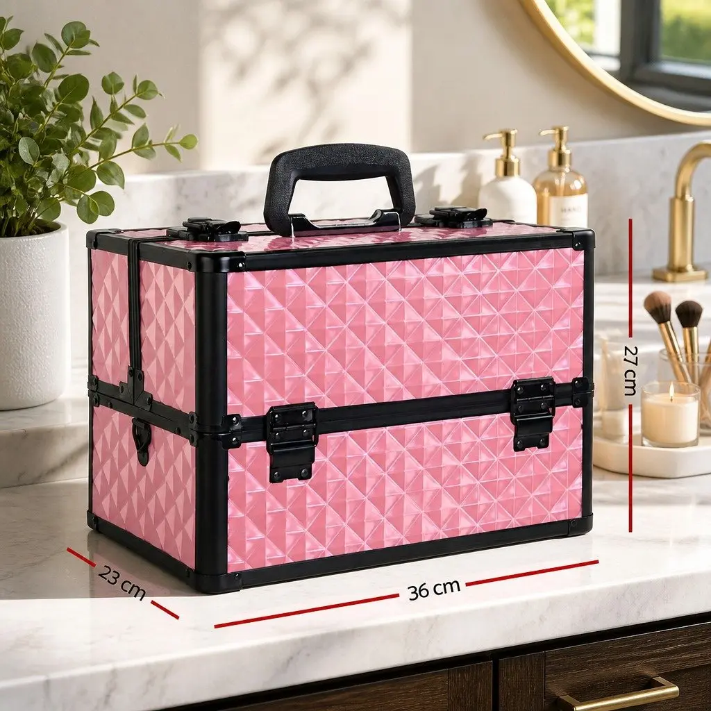 Cosmetic Case Diamond Pink Lockable Lightweight with Shoulder Strap and Sliding Trays