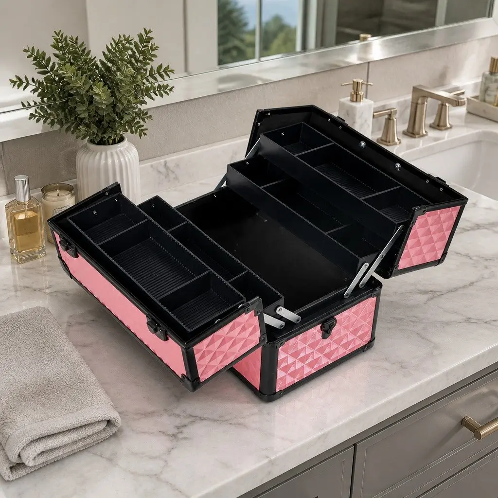 Cosmetic Case Diamond Pink Lockable Lightweight with Shoulder Strap and Sliding Trays