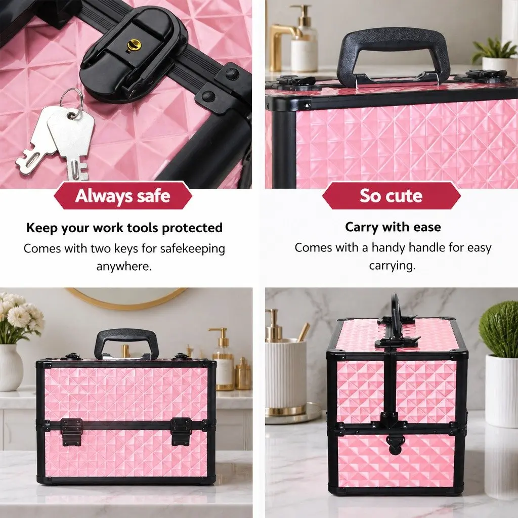 Cosmetic Case Diamond Pink Lockable Lightweight with Shoulder Strap and Sliding Trays