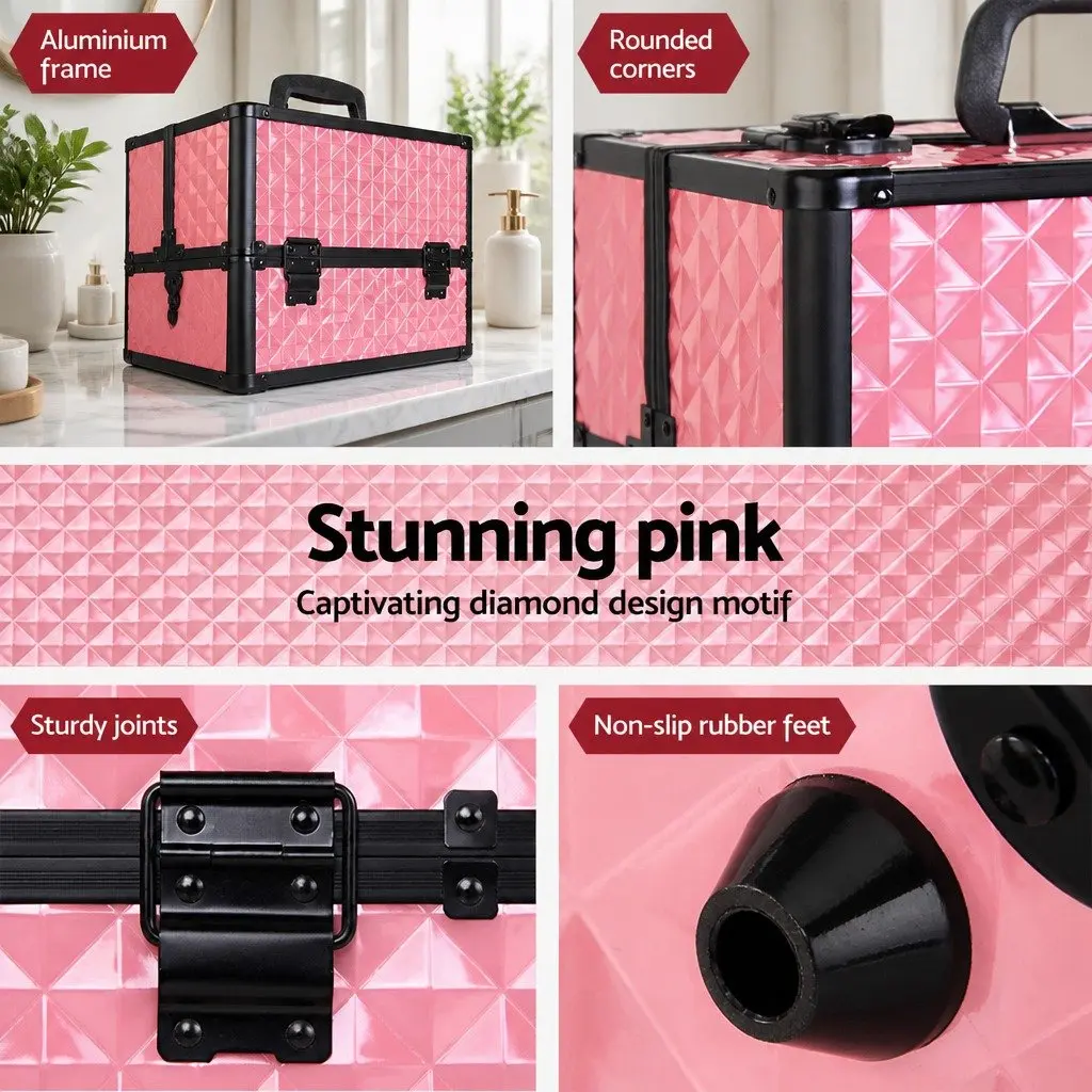 Cosmetic Case Diamond Pink Lockable Lightweight with Shoulder Strap and Sliding Trays