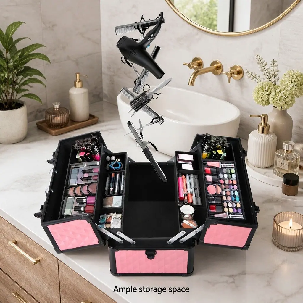 Cosmetic Case Diamond Pink Lockable Lightweight with Shoulder Strap and Sliding Trays