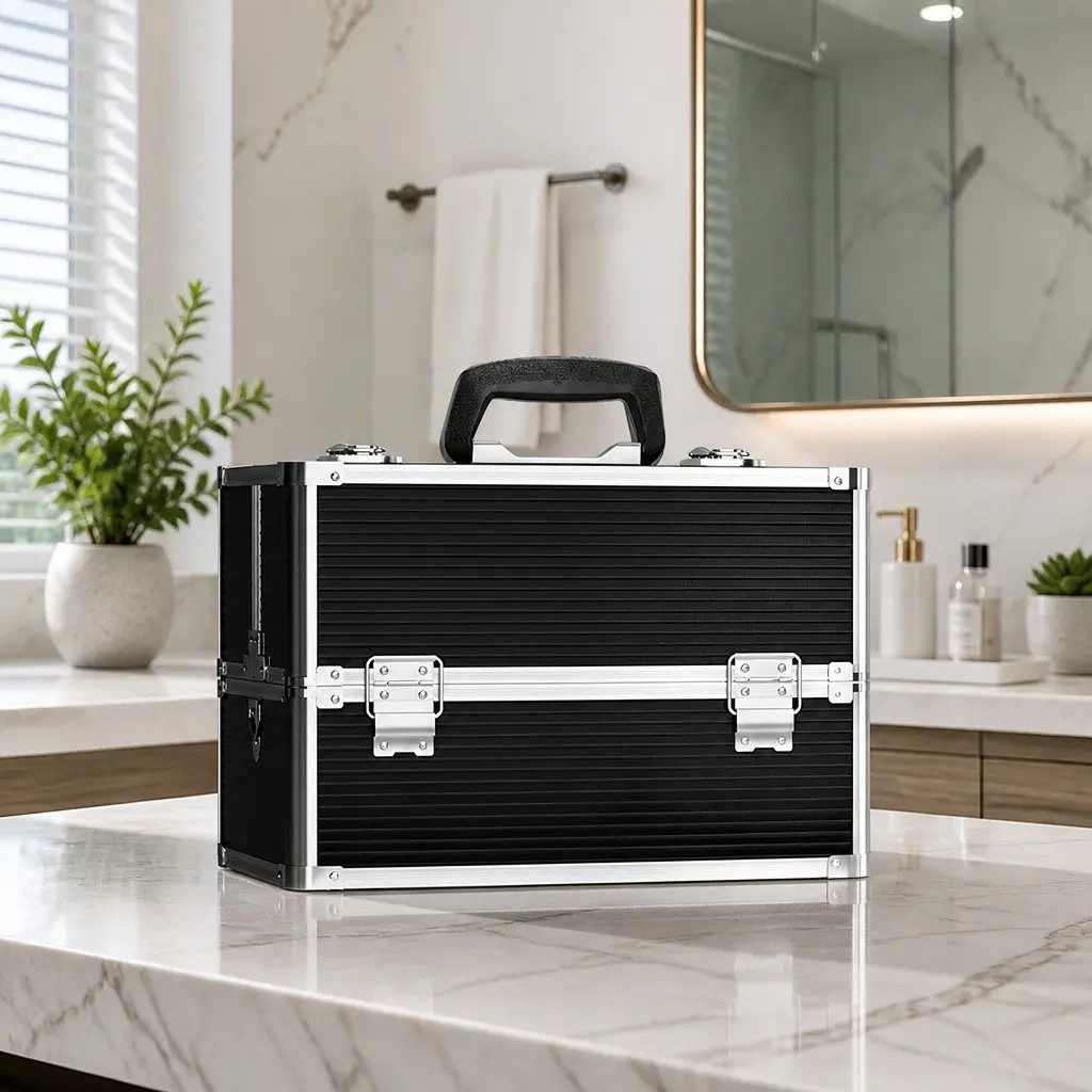 Portable Makeup Case Black Adjustable Compartments