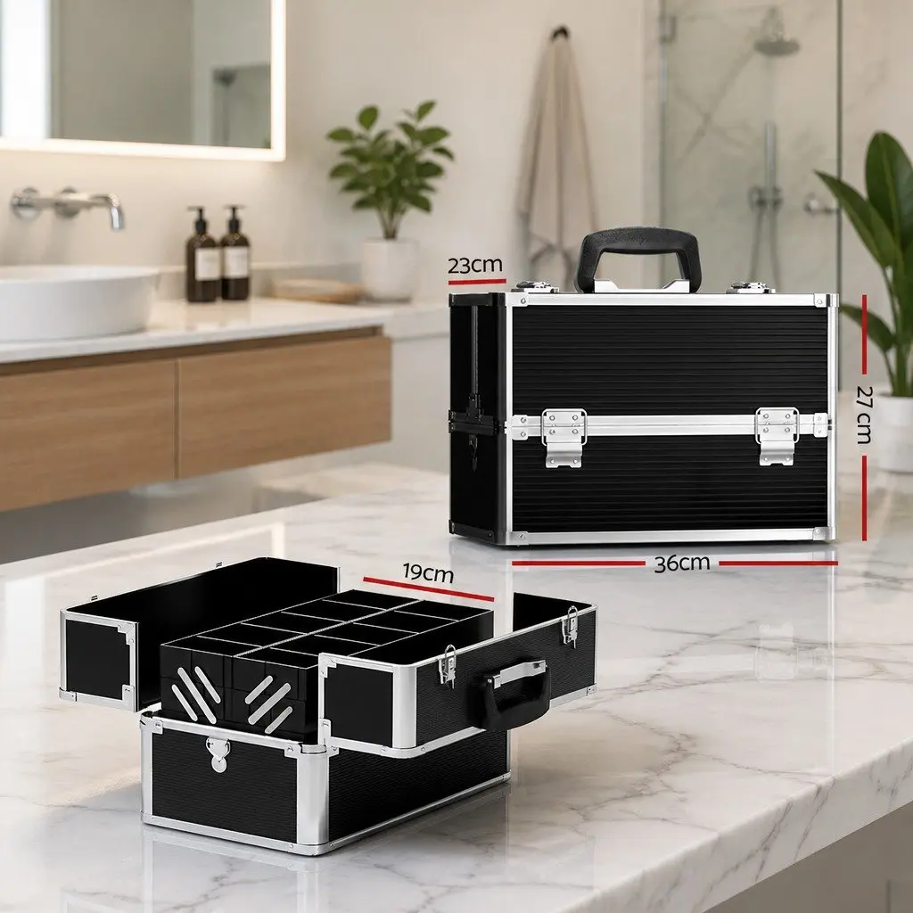Portable Makeup Case Black Adjustable Compartments
